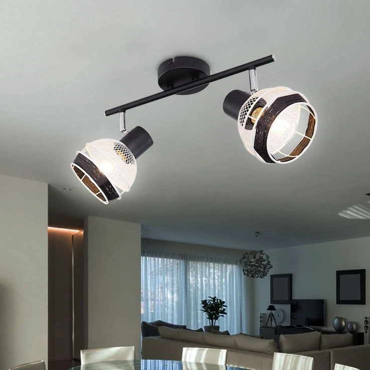 Deckenleuchte, 2-Flammig, Metall Schwarz, Hanfseil – Bild 3