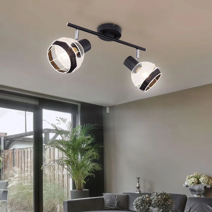 Deckenleuchte, 2-Flammig, Metall Schwarz, Hanfseil – Bild 4