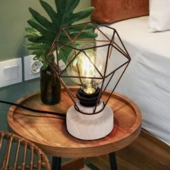 Tischleuchte, Holz, Gitterschirm Rostfarben, H 22,5cm, SENA