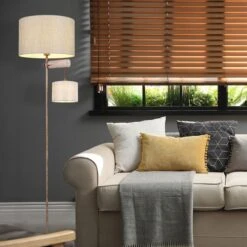 Stehleuchte, Rostfarben, Holz, Leselicht Höhenverstellbar