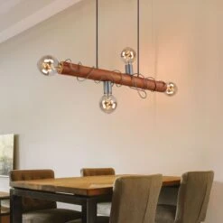 Hängeleuchte, Holzbalken Braun, Metall Grau, H 120 Cm