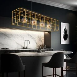 Hängeleuchte, Goldfarben, Käfig Aus Metallgitter, Holz, H 150 Cm