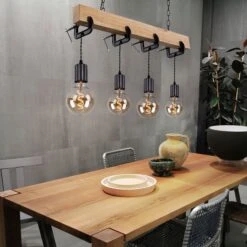 Holzlampe, 4 Flammig, Metall, Schwarz, H 120cm