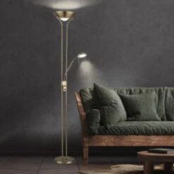 LED Stehleuchte, Glas, Messingfarben, Dimmbar, H 180 Cm