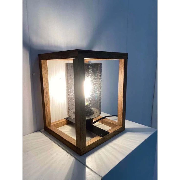 Tischleuchte, Glas Mit Luftblasen, MDF, Quadratisch, Braun – Bild 3