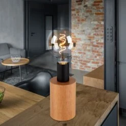 Tischleuchte, Holz, Natur Braun, Schwarz Matt, H 19,5 Cm