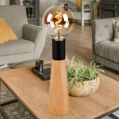 Tischleuchte, Holz, Natur Braun, Schwarz Matt, H 25 Cm