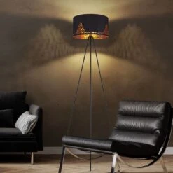 Stehleuchte, 3-Bein, Textil, Schwarz, Gold, H 150 Cm