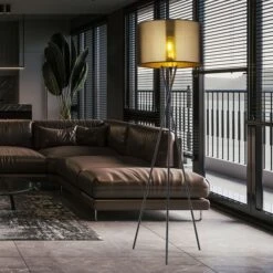 Stehleuchte, Metall Textil Schirm, Gold Schwarz, H 159 Cm