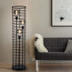 Stehleuchte, Käfig-Design, Drähte Gewickelt, Schwarz Matt