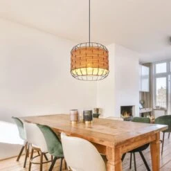 Hängeleuchte, Käfig-Design, Holzoptik Braun, H 120cm