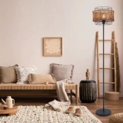 Boho Stehlampe, Käfig, Bambusgeflecht, Schwarz, H 151 Cm