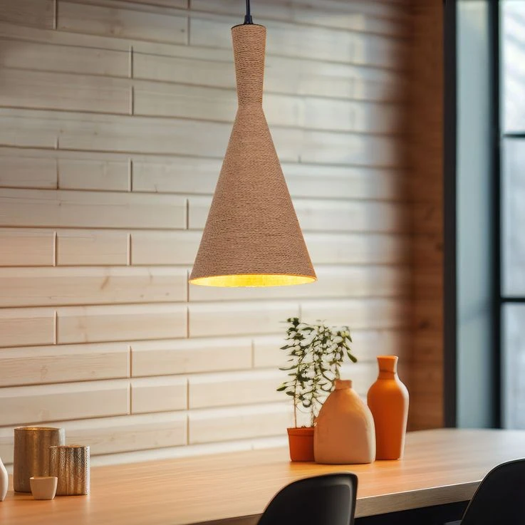 Hängeleuchte, Kordel, ALU, Schwarz, Gold, Braun, H 140 Cm