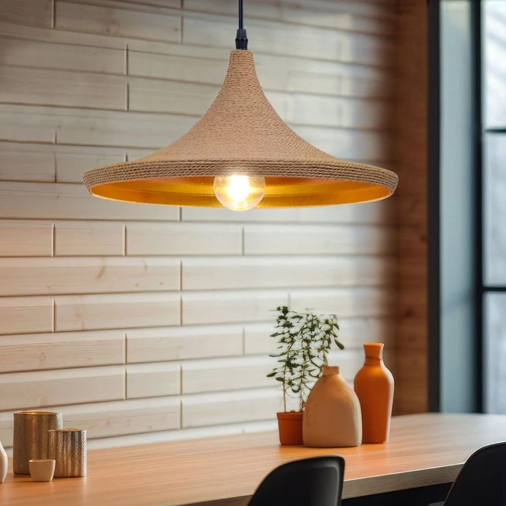 Hängeleuchte, Kordel, ALU, Schwarz, Natur, Gold, H 120 Cm