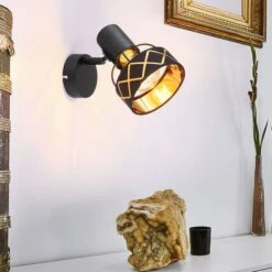 Wandleuchte, Spot Beweglich, Textil Schwarz Gold, H 16 Cm