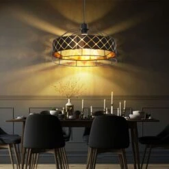 Hängeleuchte, Gitter-Design, Textil, Schwarz, Gold, H 120 Cm