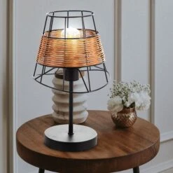 Tischleuchte, Käfig-Design, Metall-Grasgeflecht, H 35 Cm