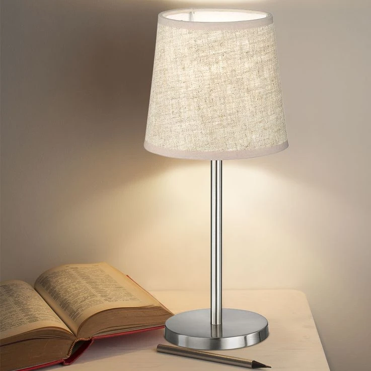 Tischleuchte, Nickel Matt, Leinenstoff Sandfarben, H 30 Cm