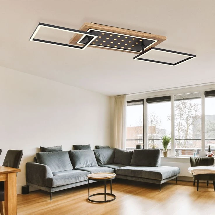 LED Deckenlampe, Holzoptik, Metall Schwarz, Rahmen Beweglich