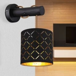 Wandleuchte, Holz Textil, Schwarz Gold, H 36 Cm