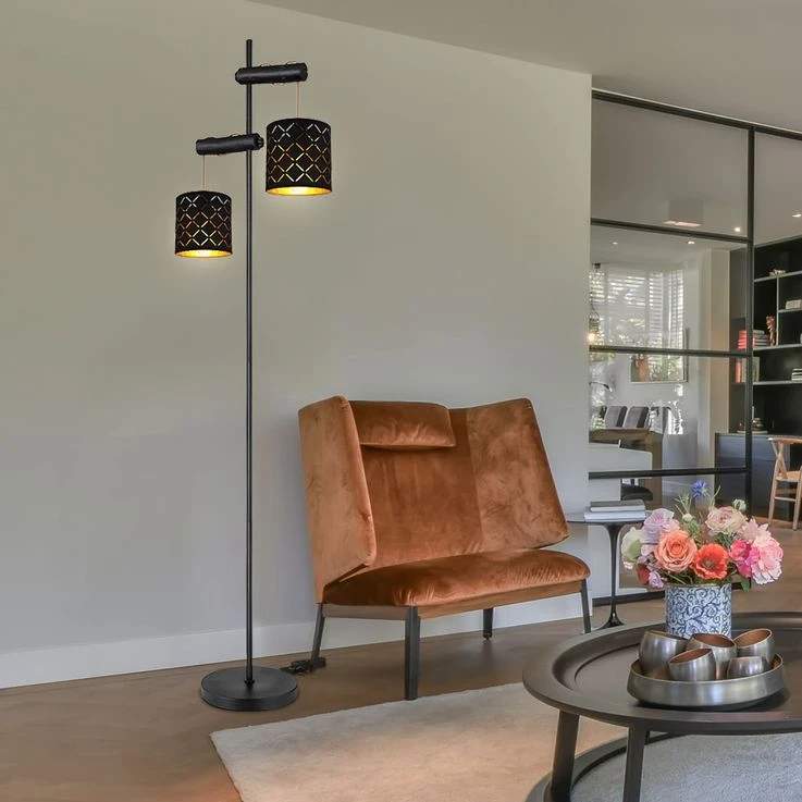 Stehleuchte, Metall Stoff, Höhe Verstellbar, Schwarz Golden – Bild 6