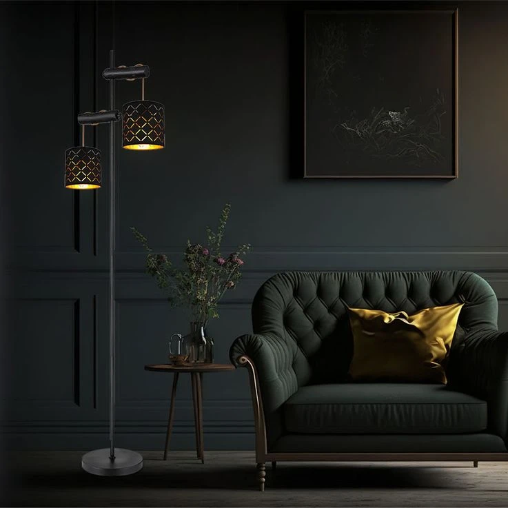 Stehleuchte, Metall Stoff, Höhe Verstellbar, Schwarz Golden – Bild 4