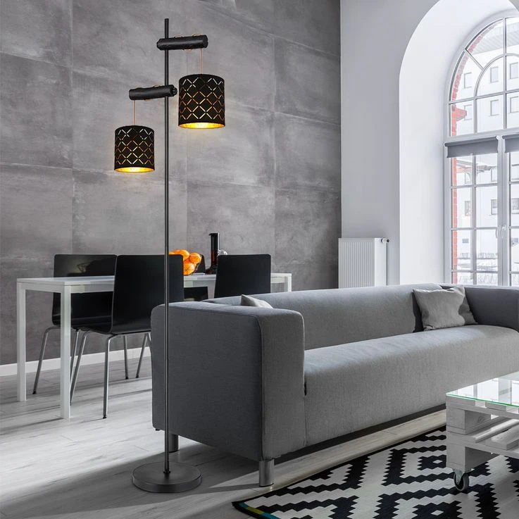 Stehleuchte, Metall Stoff, Höhe Verstellbar, Schwarz Golden