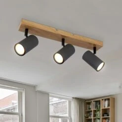 Deckenleuchte, Holzoptik, Graphit, Spots Beweglich, L 41 Cm
