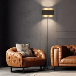 Stehleuchte, Eisen Stahl, Schwarz Gold, H 174 Cm