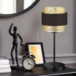 Tischleuchte, Schwarz, Gitter Gold, H 44 Cm
