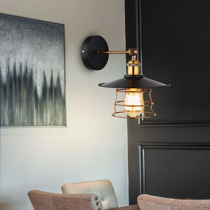 Wandleuchte, Metall Messing Schwarz, Gitter-Schirm, B 20 Cm – Bild 3