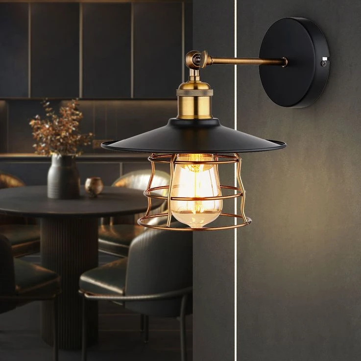 Wandleuchte, Metall Messing Schwarz, Gitter-Schirm, B 20 Cm – Bild 6