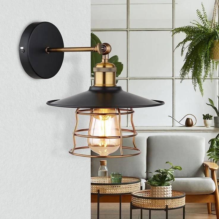 Wandleuchte, Metall Messing Schwarz, Gitter-Schirm, B 20 Cm – Bild 2