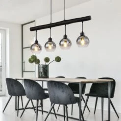 Hängeleuchte, Glas Rauch, Schwarz, Höhenverstellbar, L 85 Cm