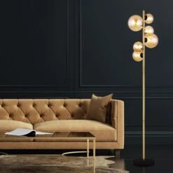 LED Stehleuchte, 6-Flammig, Glas Amber, Messing, H 155 Cm