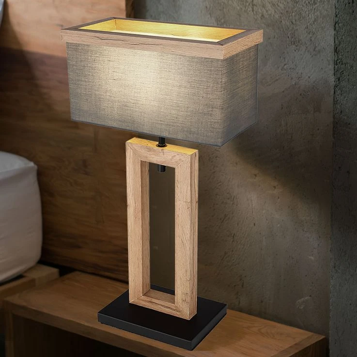 Tischleuchte, Holzoptik Textil, Anthrazit Schwarz, H 55 Cm