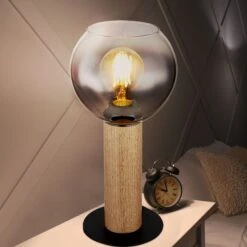 Tischleuchte, Glasschirm, Metall, Rauch Schwarz, H 30 Cm