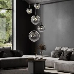 Pendelleuchte, Metall Glaskugel, Schwarz Smoke, H 375 Cm