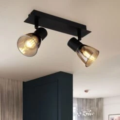 Deckenleuchte, Holz, Metall, Glas, 2-Flammig, Schwarz Matt