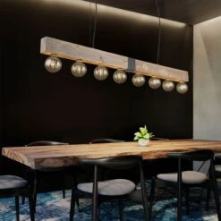 Hängeleuchte, Metall, Holz, Schwarz, Naturfarben, H 120 Cm