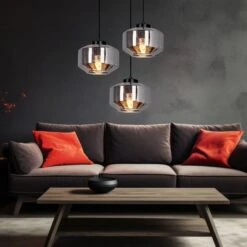 Hängeleuchte, 3-flammig, Metall Glas, Schwarz Rauch, H 120cm