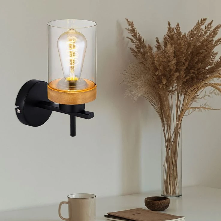 Wandleuchte, Metall Schwarz, Holz, Rauchglas, H 23,5 Cm – Bild 4