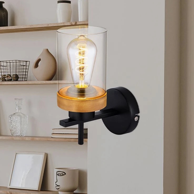 Wandleuchte, Metall Schwarz, Holz, Rauchglas, H 23,5 Cm – Bild 3