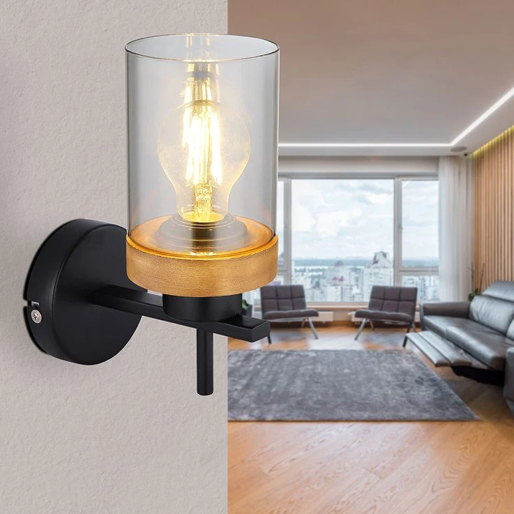 Wandleuchte, Metall Schwarz, Holz, Rauchglas, H 23,5 Cm – Bild 6