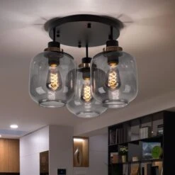 Deckenlampe, Metall Glasschirm, Schwarz Matt Rauch, 3x E27