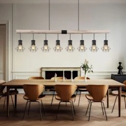 Hängeleuchte, 8-Flammig, Holzbalken, Käfig, L 140 Cm