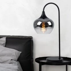 Tischleuchte, Gebogen, Glas Rauch, Schwarz, H 54 Cm