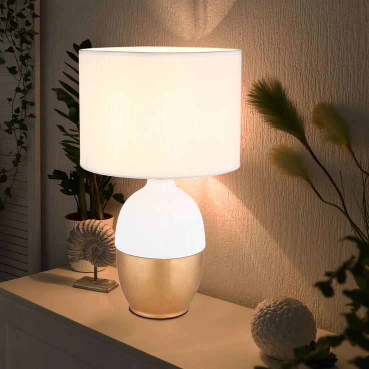 Tischleuchte, Leselampe, Keramik Textil, Weiß Gold, D 25 Cm – Bild 3