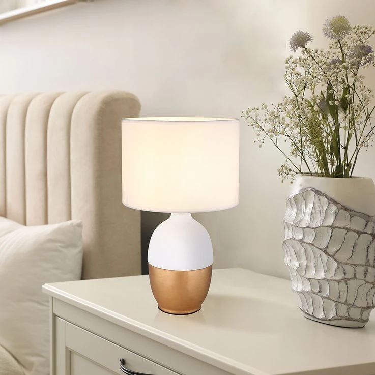 Tischleuchte, Leselampe, Keramik Textil, Weiß Gold, D 25 Cm – Bild 5