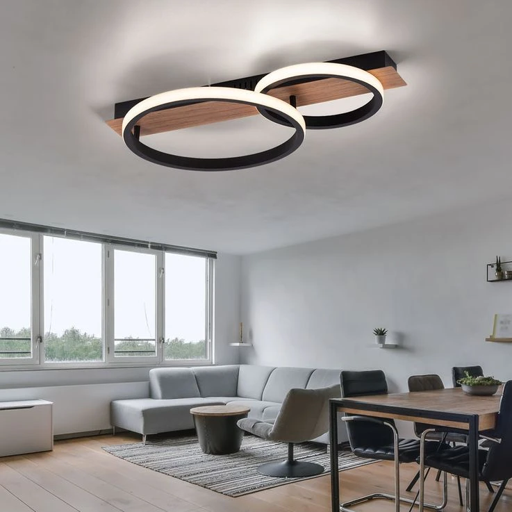 LED Holzleuchte, Metall Schwarz, Holzoptik, L 53 Cm